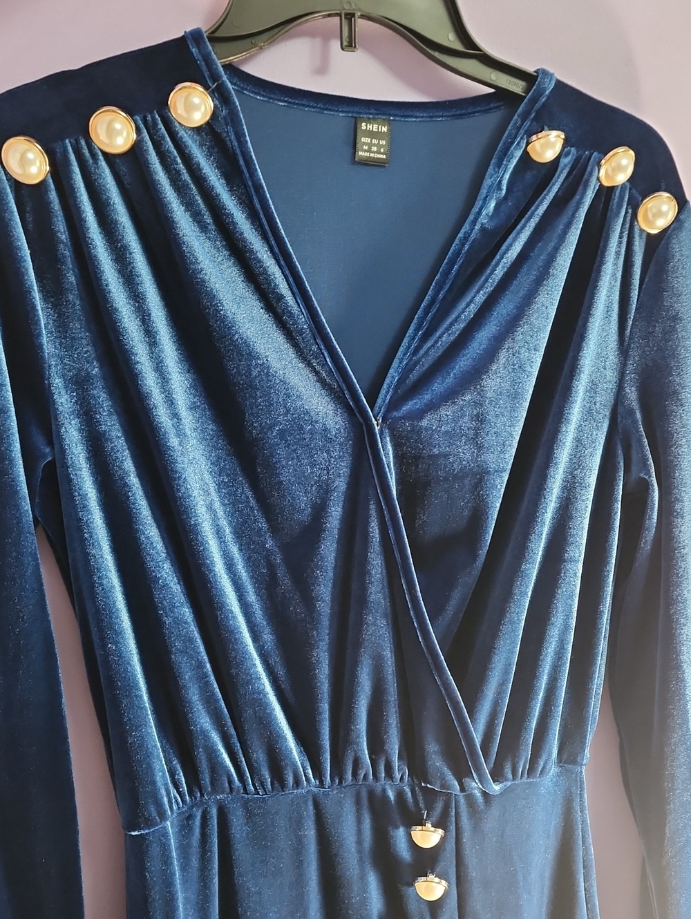 SHEIN Blue Velvet Long Sleeve Dress with Pearl Gold Buttons